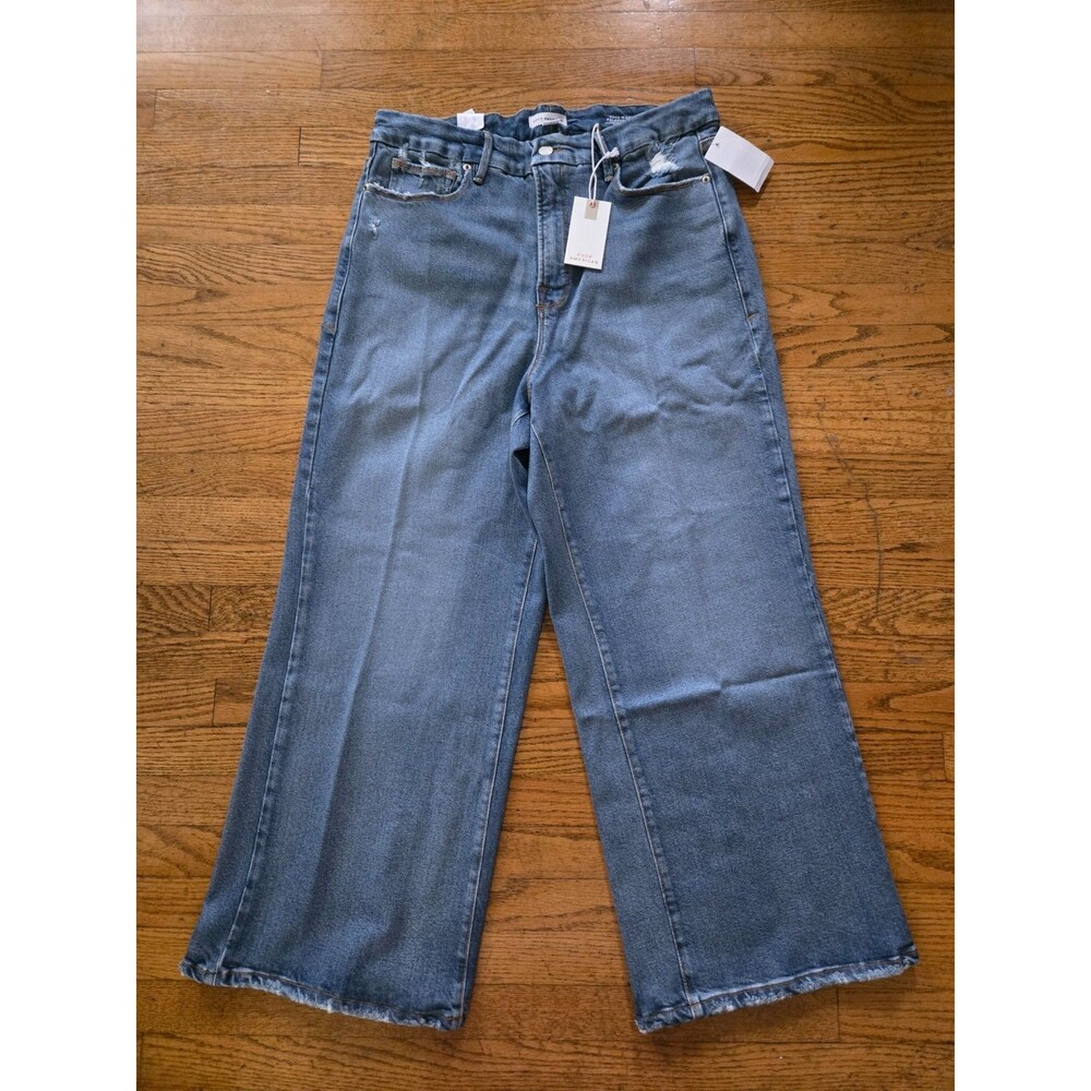 Good American Good Waist Palazzo Wide Leg Crop Jeans 15 Medium Blue Wash NWT
